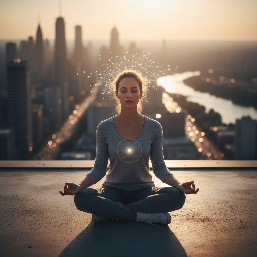 Osoba medytująca na tarasie z widokiem na miasto, atmosfera skupienia i relaksu