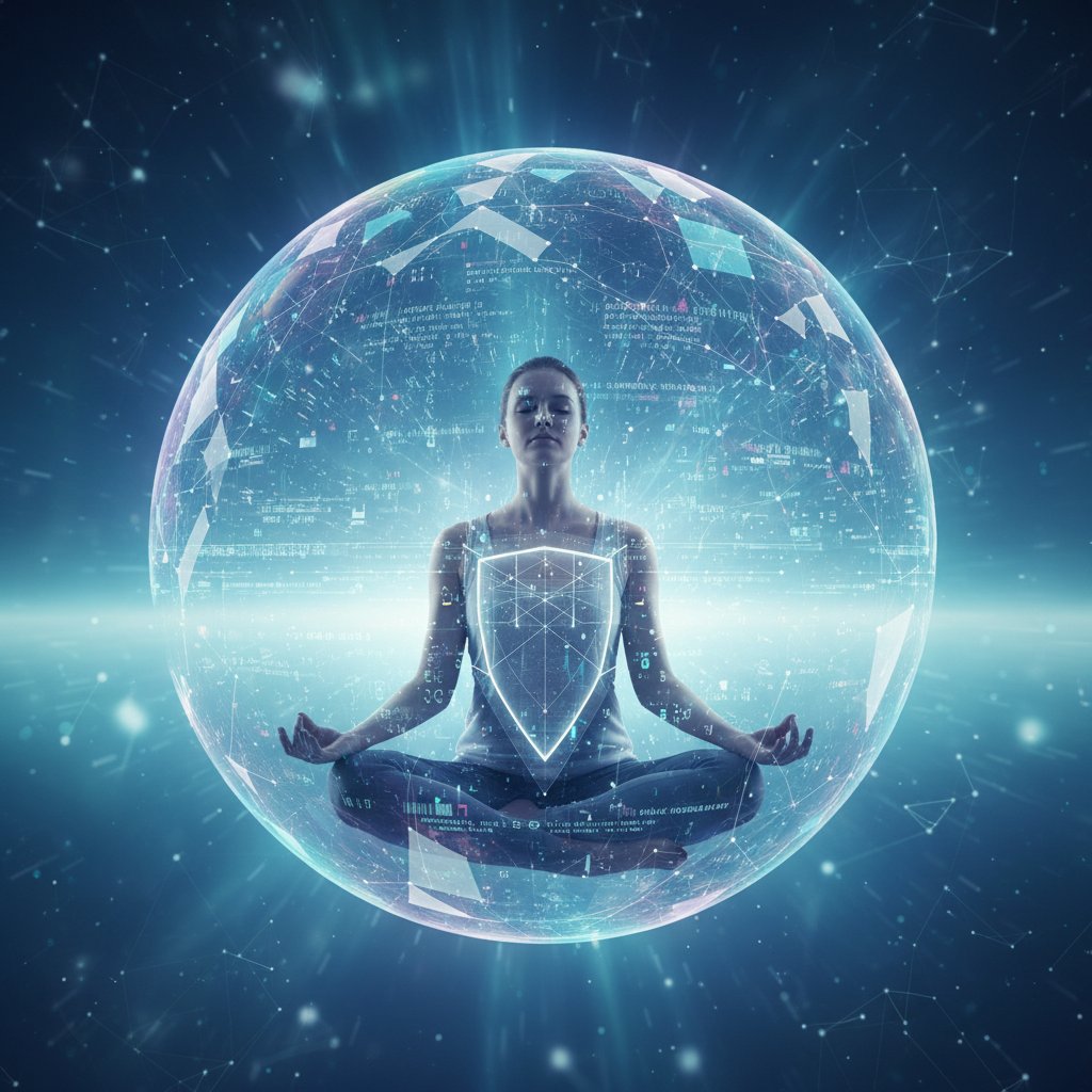 Osoba medytująca w cyfrowej bańce, kod binarny na zewnątrz – bezpieczeństwo danych w medytacji online