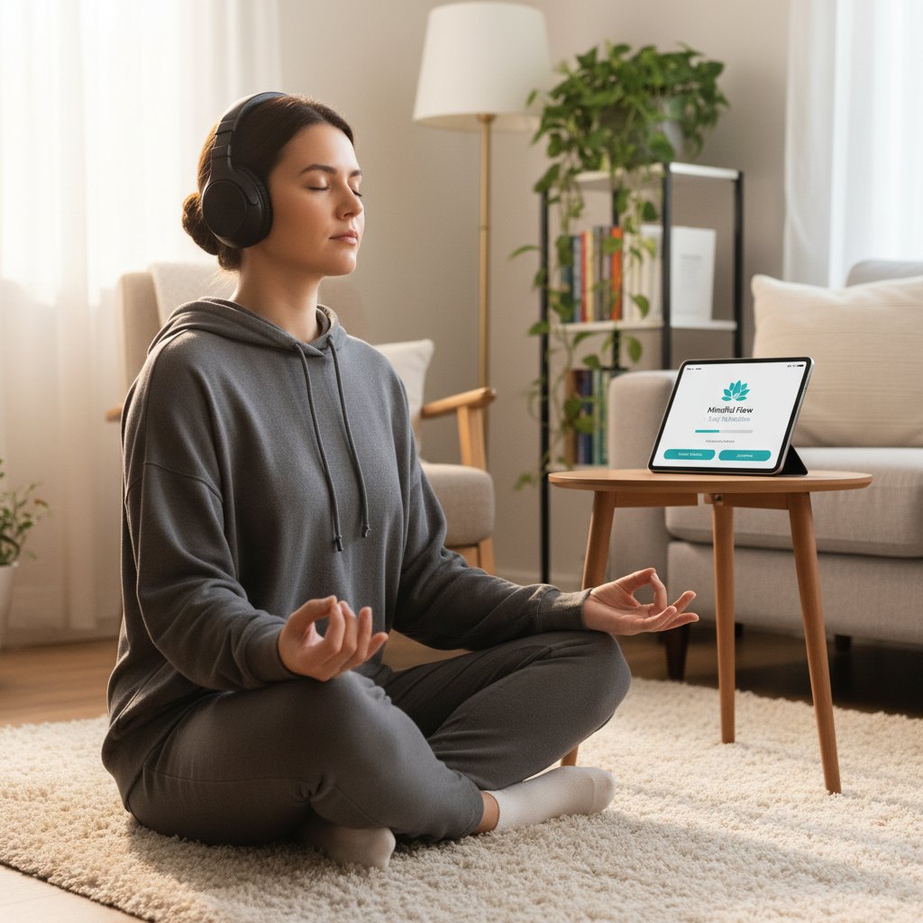 Osoba siedząca w pozycji medytacyjnej z telefonem i słuchawkami, korzystająca z aplikacji do medytacji online