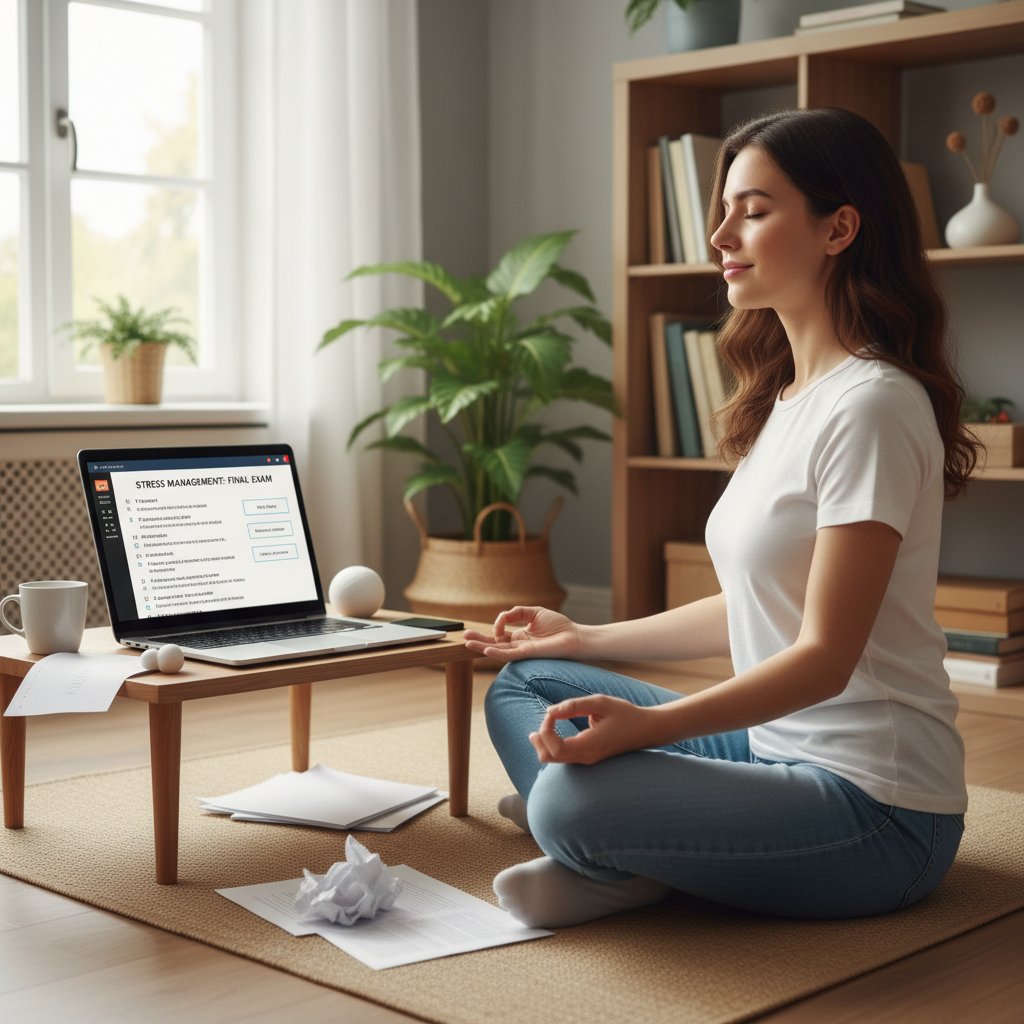 Osoba medytująca przed laptopem z otwartym oknem egzaminacyjnym – techniki radzenia sobie ze stresem