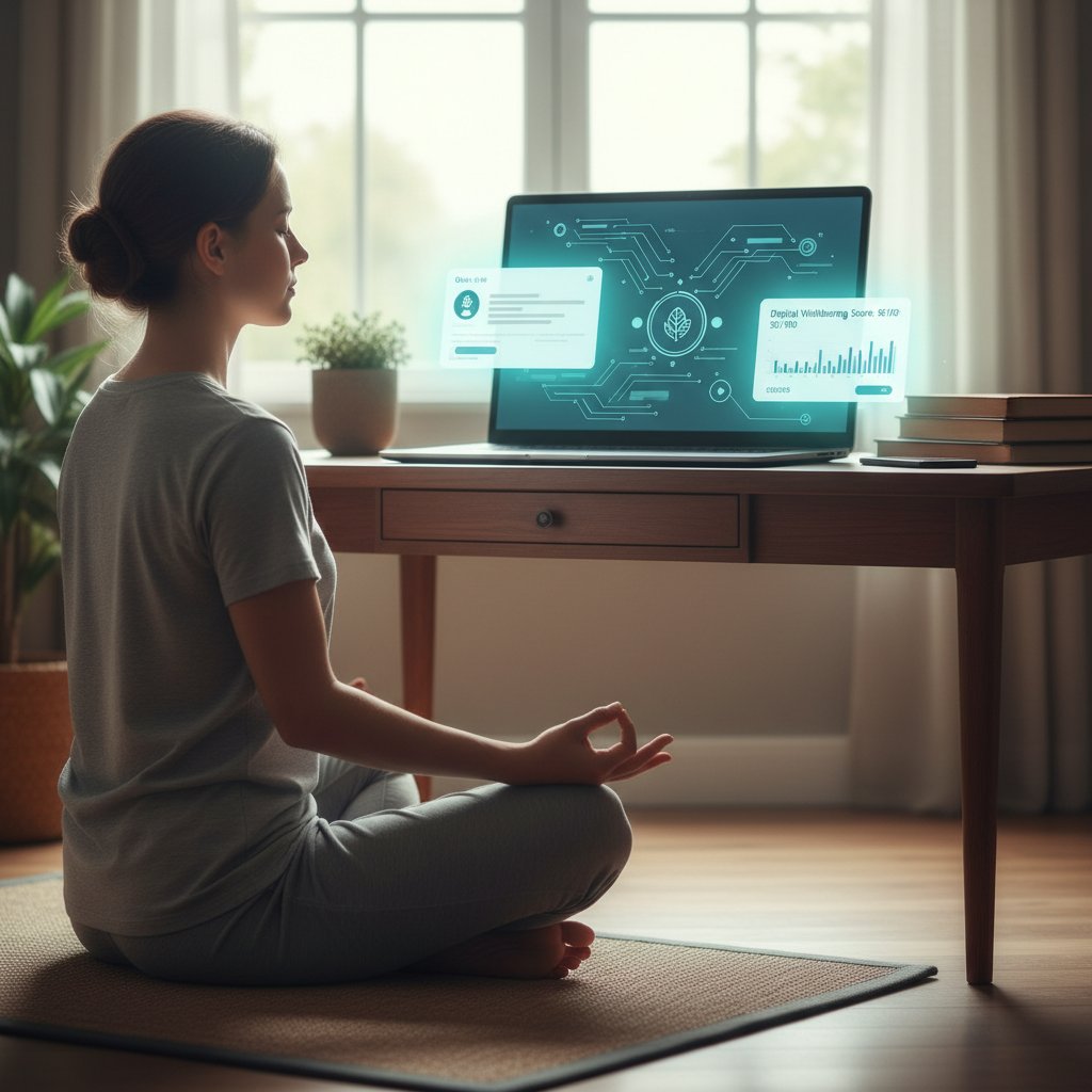Osoba medytująca z laptopem w tle, dbająca o cyfrowy dobrostan podczas rozmów online