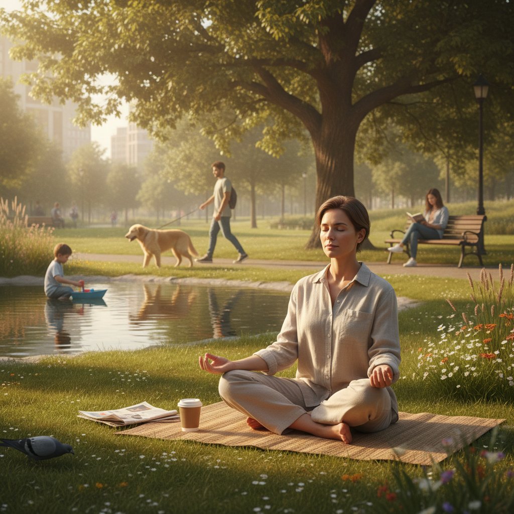 Osoba medytująca w parku, spokój i skupienie, zastosowanie mindfulness poza finansami