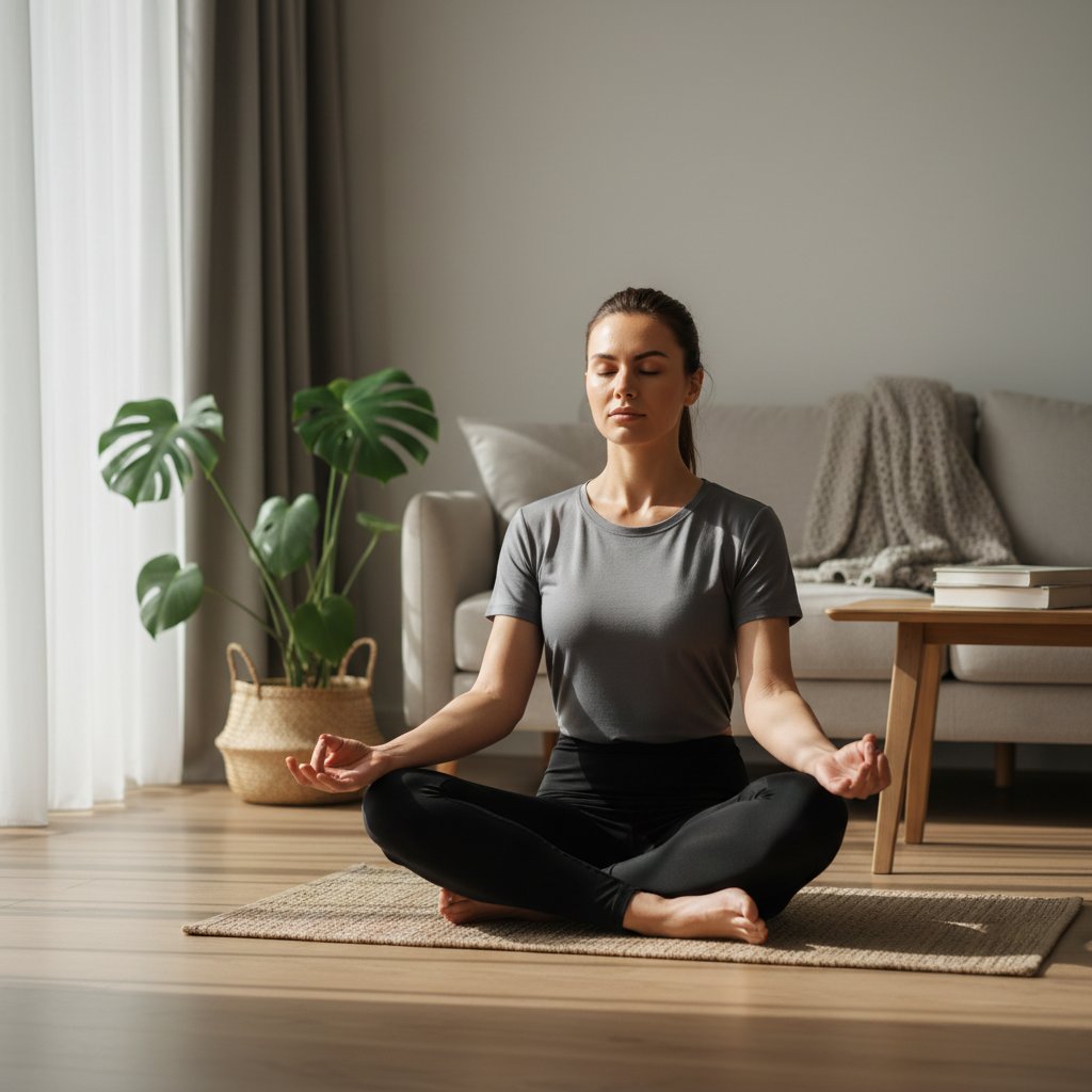 Osoba medytująca po treningu, spokojne światło, wnętrze domu