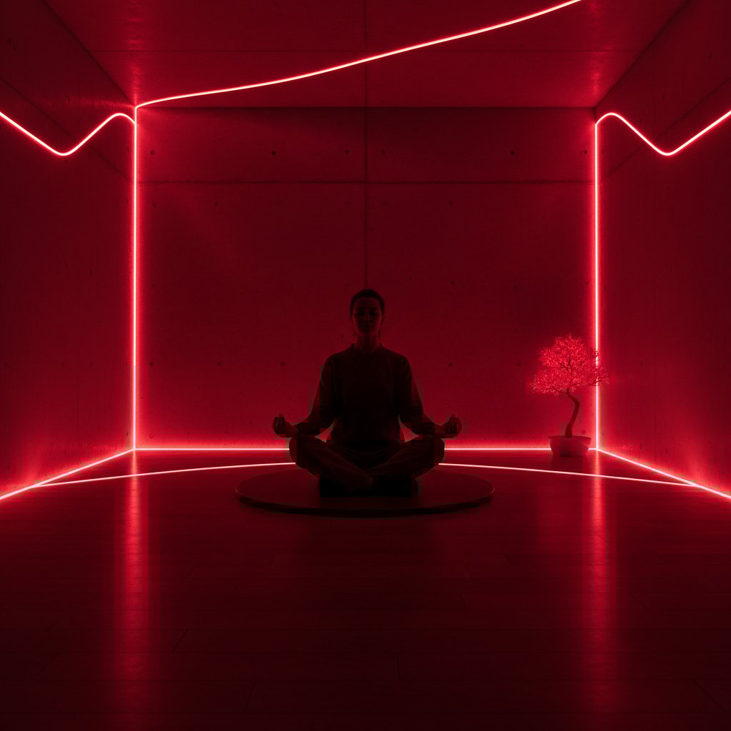 Osoba medytująca przy świetle czerwonych diod LED, w tle spokojne, minimalistyczne wnętrze