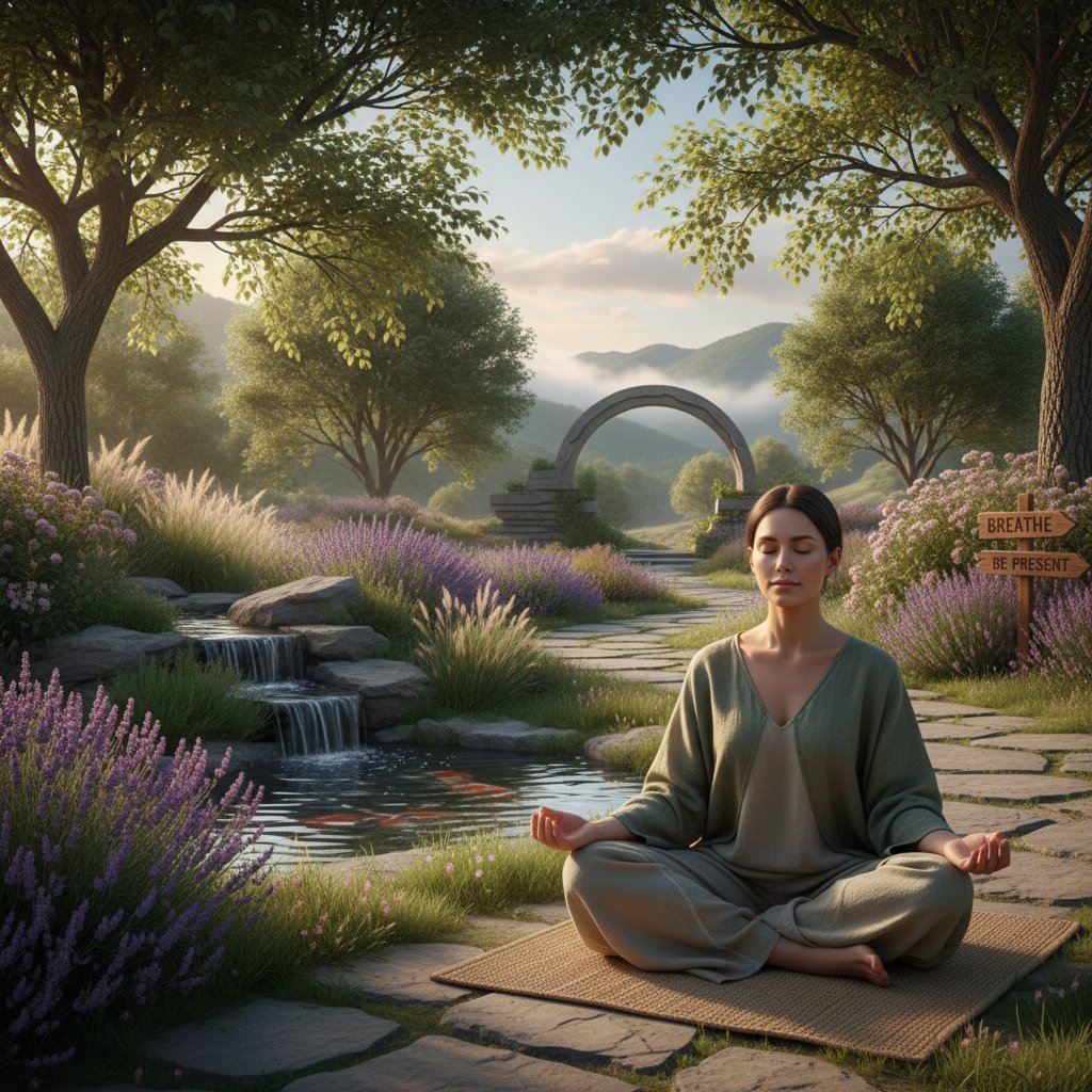 Osoba medytująca w parku, skupiona i spokojna, wykonująca ćwiczenia oddechowe