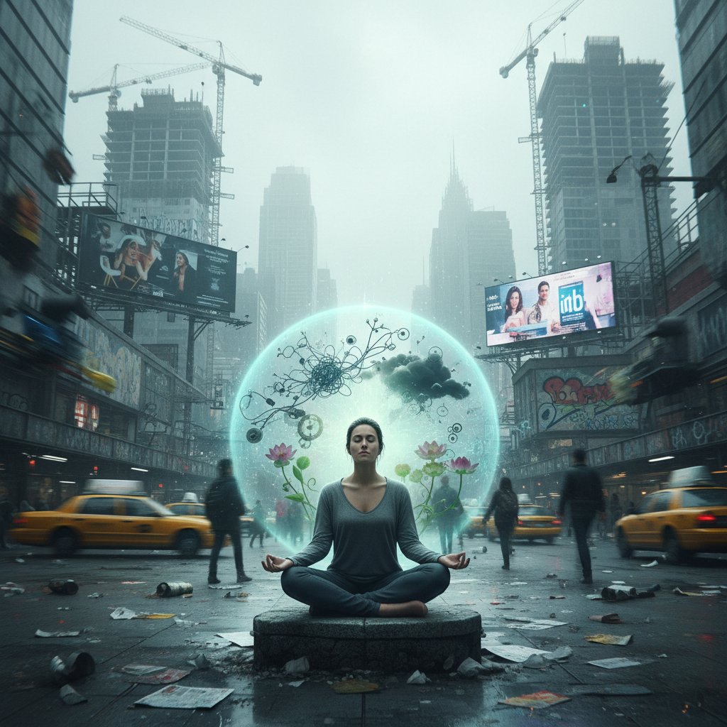 Osoba próbująca medytować w chaotycznym otoczeniu, symbolizująca błędne przekonania o szybkim powrocie do równowagi