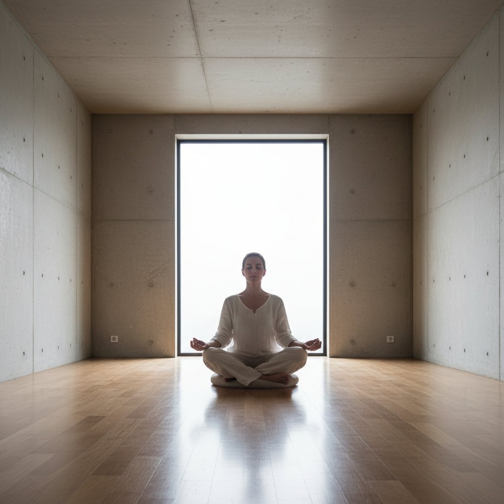 Osoba medytująca w pustym wnętrzu, symbolizująca duchowy bypass