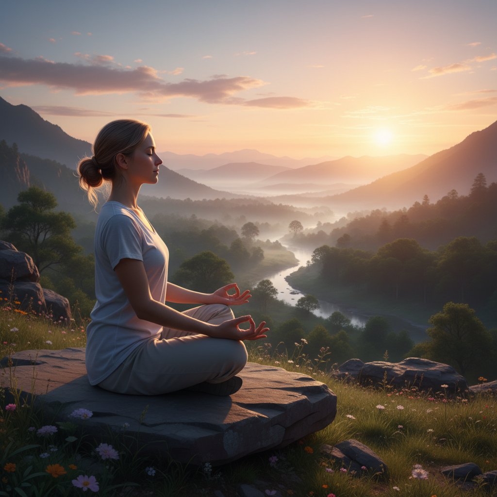 Osoba medytująca w spokojnym otoczeniu, światło poranne symbolizuje nowy początek i akceptację pustki