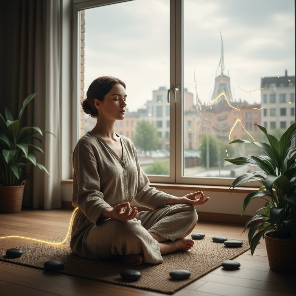 Osoba medytująca na podłodze przy oknie, w skupieniu – mindfulness jako strategia wyjścia z derealizacji