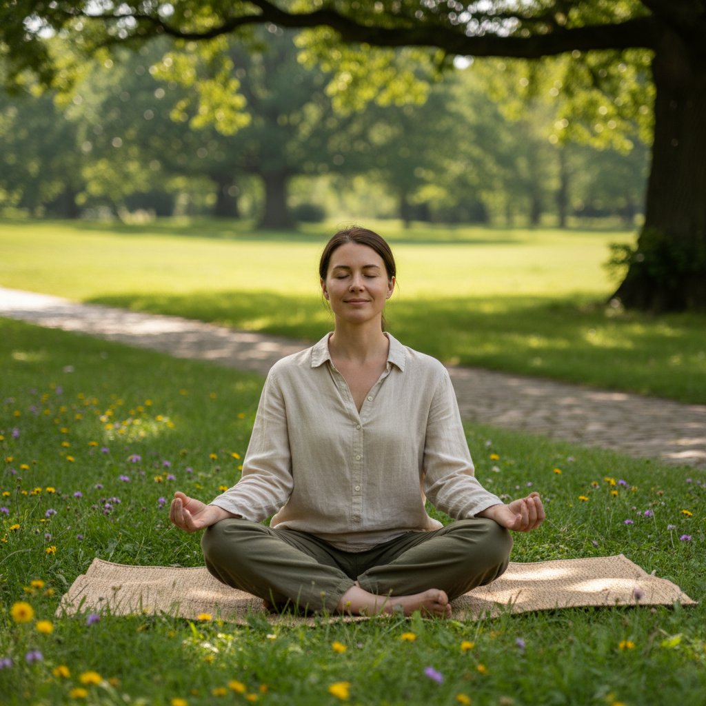 Osoba medytująca w parku, uważność jako antidotum na perfekcjonizm