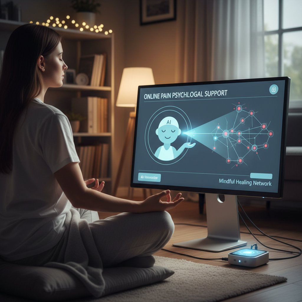 Osoba praktykująca medytację na tle monitora, symbolizujące połączenie technik psychologicznych i wsparcia online