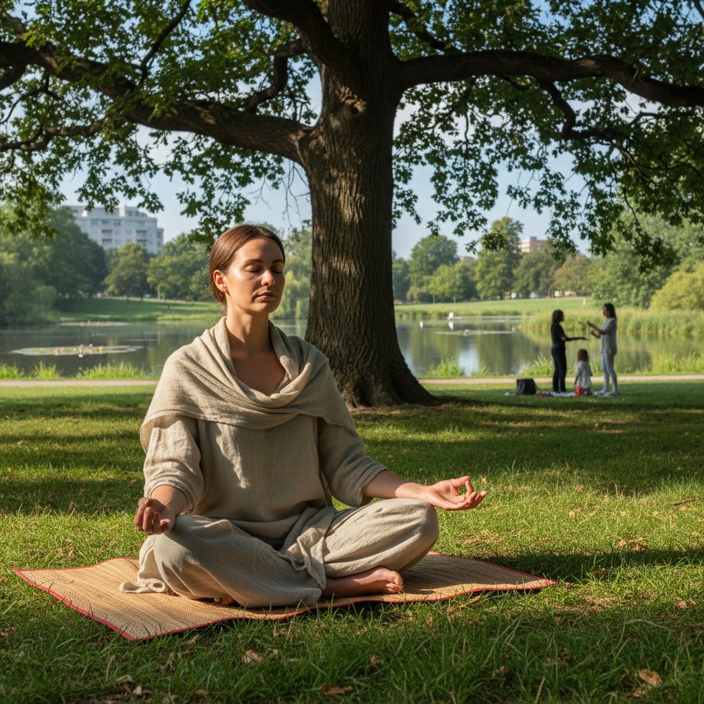 Osoba praktykująca medytację mindfulness w parku, symbolizująca ćwiczenia na pustkę