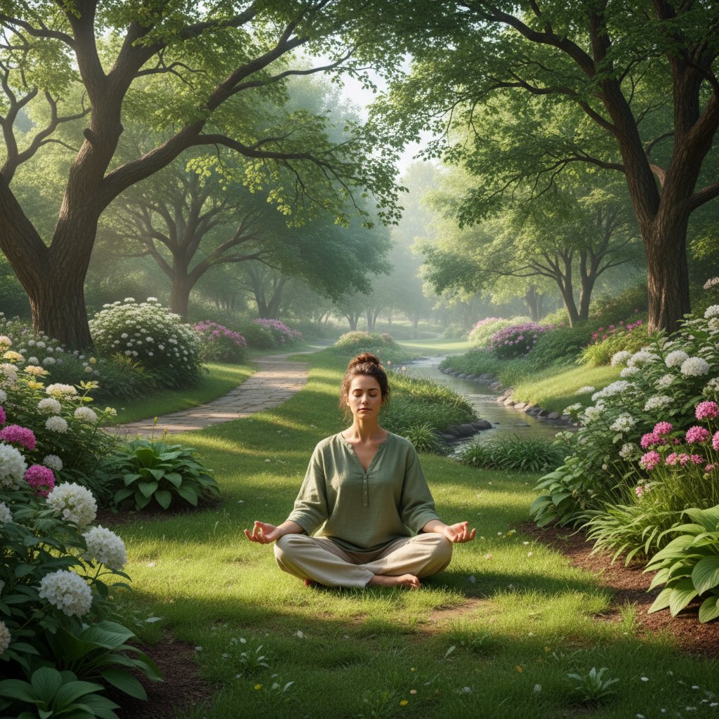 Osoba medytująca w parku, otoczona zielenią – symbol praktyk mindfulness wspierających zaangażowanie