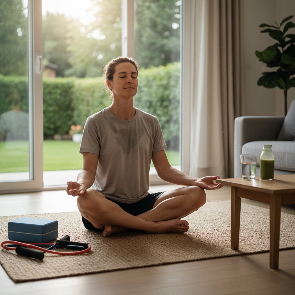 Osoba medytująca po treningu z ciężarem ciała, zrelaksowana i uśmiechnięta, w domowym otoczeniu