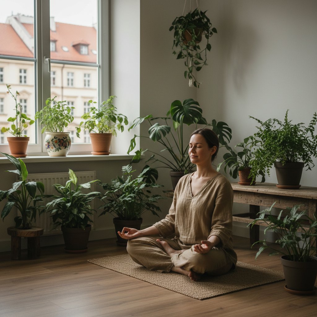 Zdjęcie osoby siedzącej na podłodze w pozycji medytacyjnej, w otoczeniu roślin i naturalnego światła