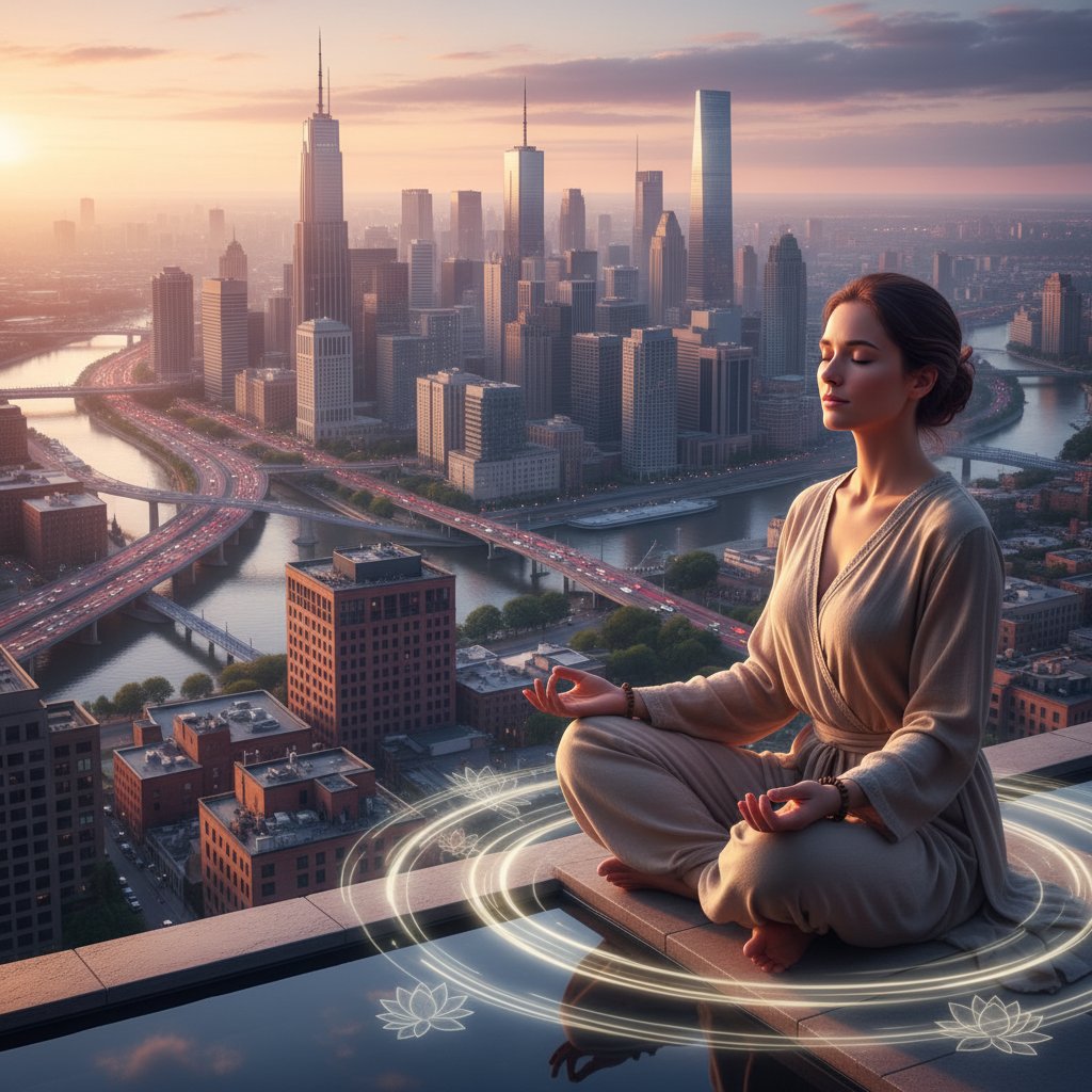 Osoba medytująca na tle miejskiego krajobrazu, mindfulness, wyciszenie skóry