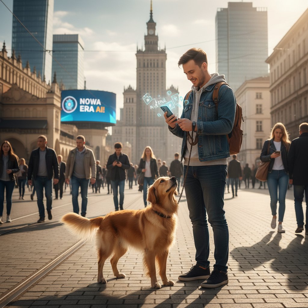 Osoba ze średniej wielkości psem korzystająca z aplikacji AI w centrum miasta, widoczne nowoczesne technologie