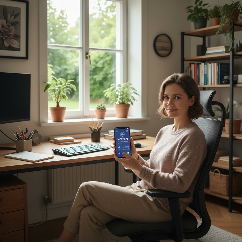 Osoba korzystająca z medyk.ai na smartfonie, w tle domowe biuro i spokojna atmosfera