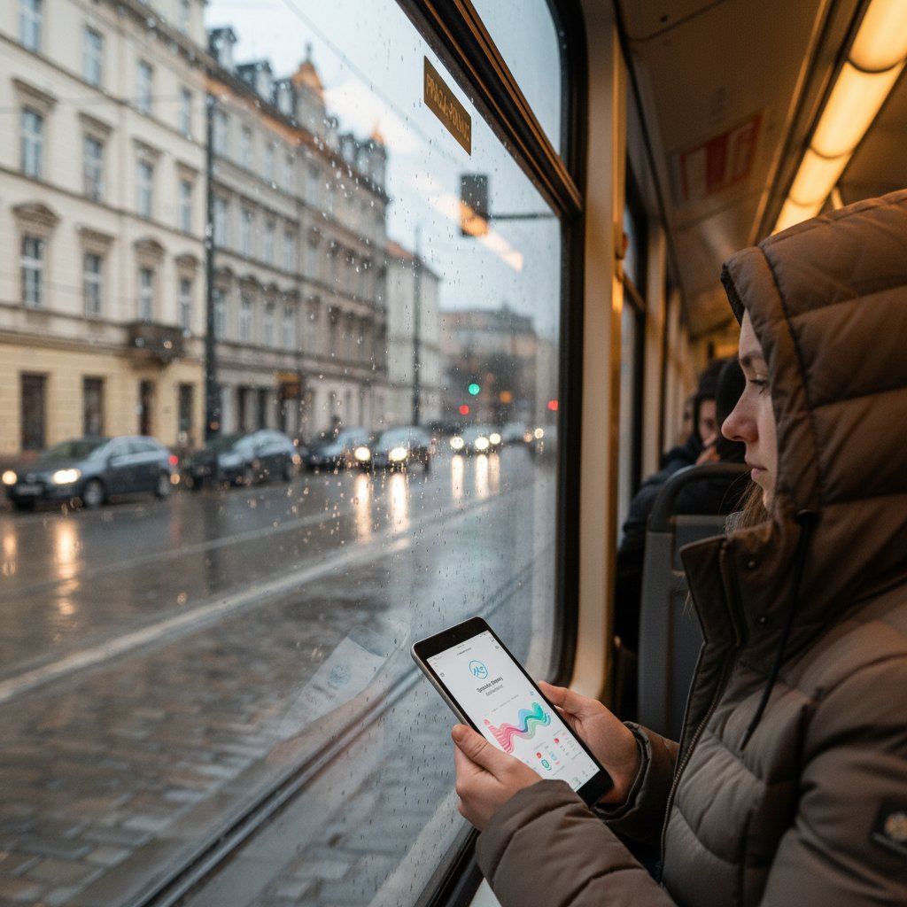 Osoba korzystająca z aplikacji wspierającej zdrowie psychiczne w tramwaju, Warszawa, deszczowy dzień
