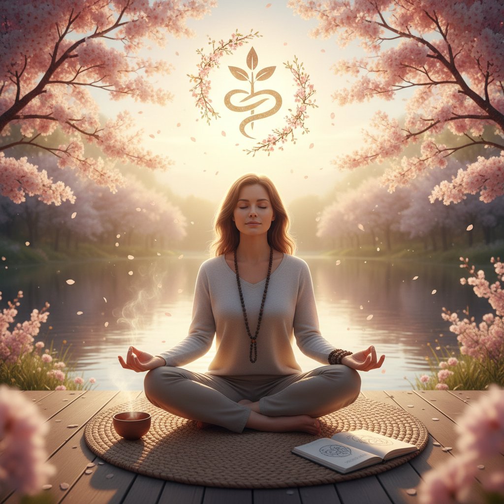 Osoba wykonująca codzienny rytuał zdrowia psychicznego, spokojna atmosfera, symbol nawyków