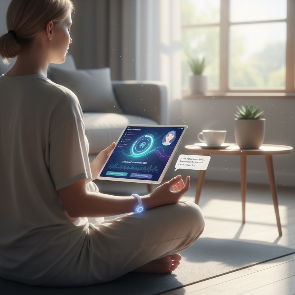 Osoba praktykująca mindfulness z aplikacją pokazującą wyniki biomarkerów, biomarkery wsparcie emocjonalne