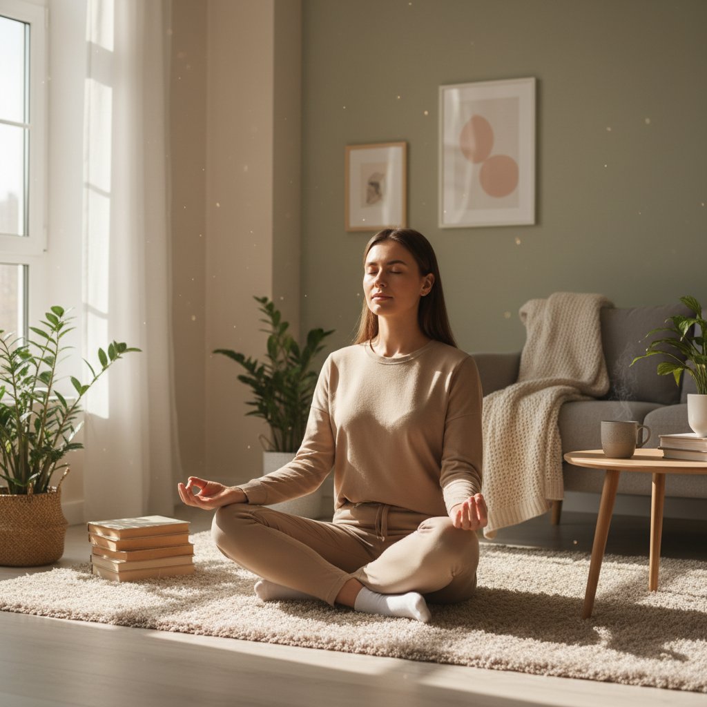 Osoba praktykująca mindfulness w domowym wnętrzu – ćwiczenia na odrętwienie i stres