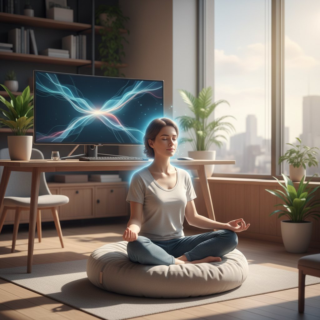 Osoba w biurze praktykująca mindfulness przy komputerze – ćwiczenia chronemiczne