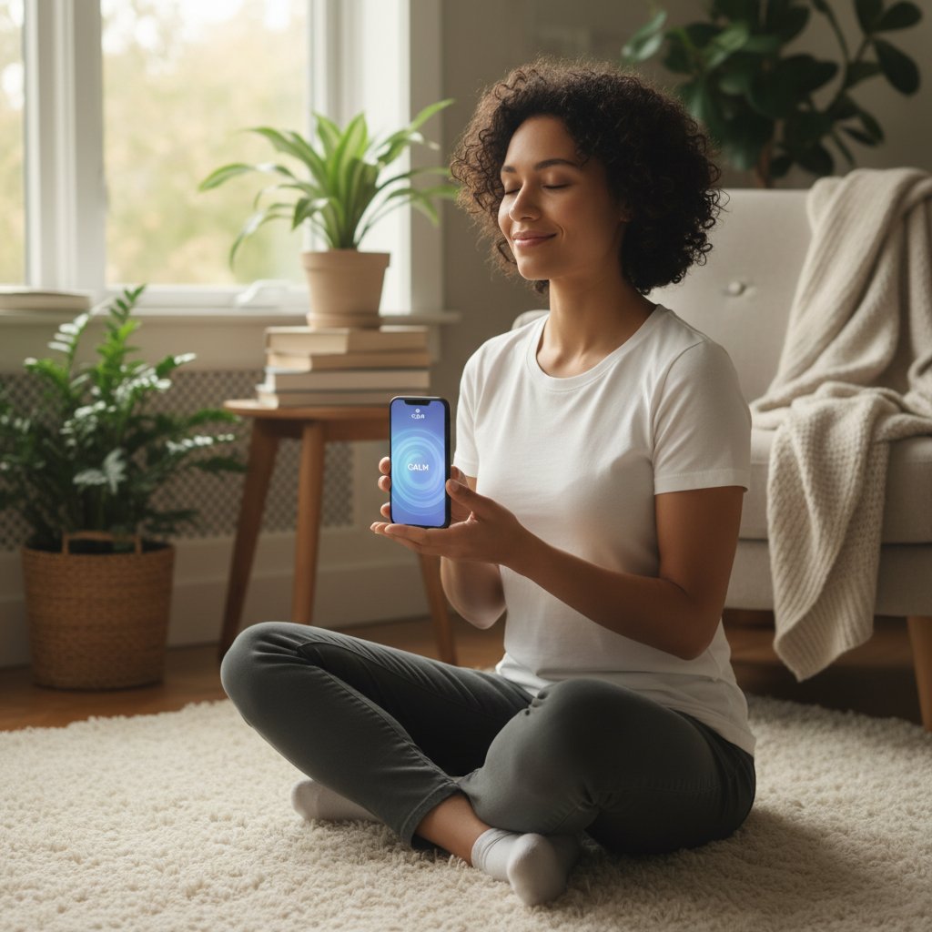 Osoba korzystająca ze smartfona podczas sesji mindfulness, siedząca w wygodnym fotelu z kubkiem herbaty