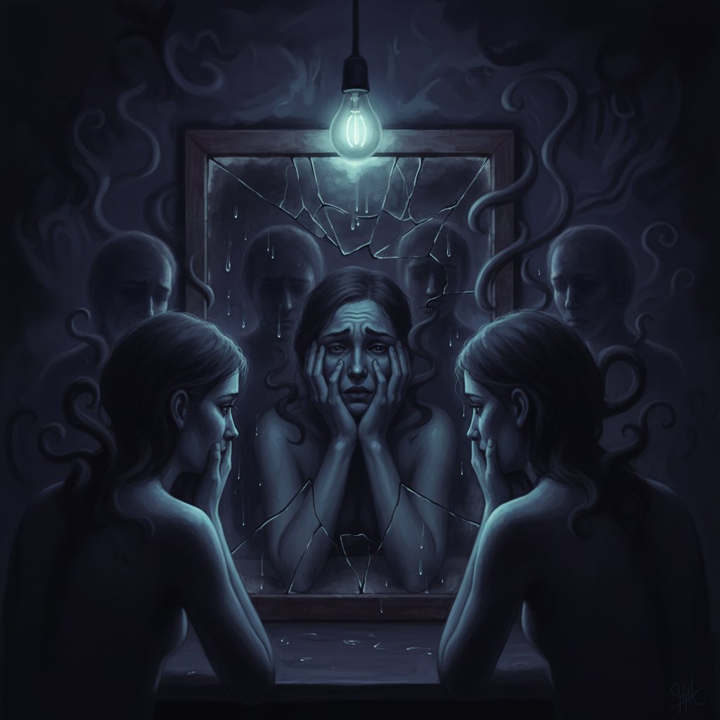 Osoba patrząca w lustro z wyraźnym niepokojem, ciemne tło, motyw introspekcji