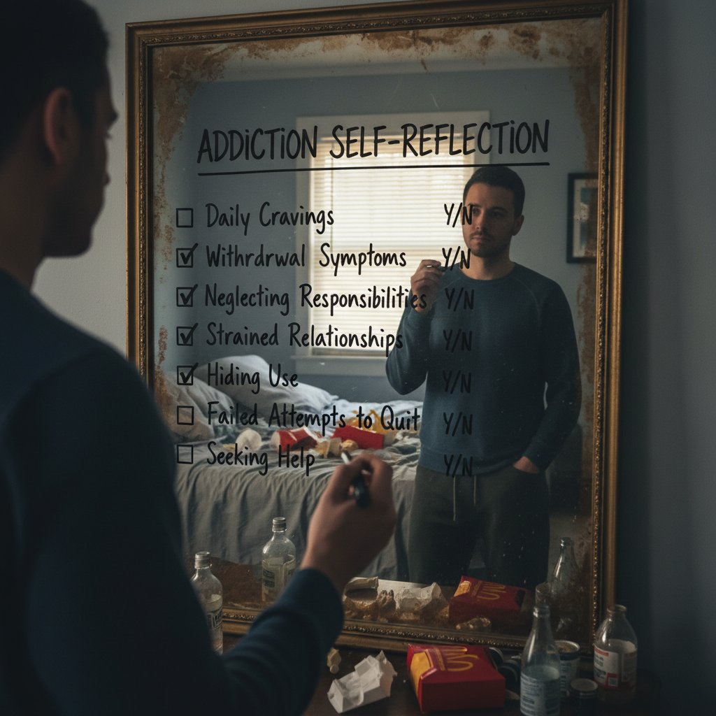 Osoba patrząca w lustro z niepewnością, checklist do autodiagnozy uzależnienia, symbol refleksji