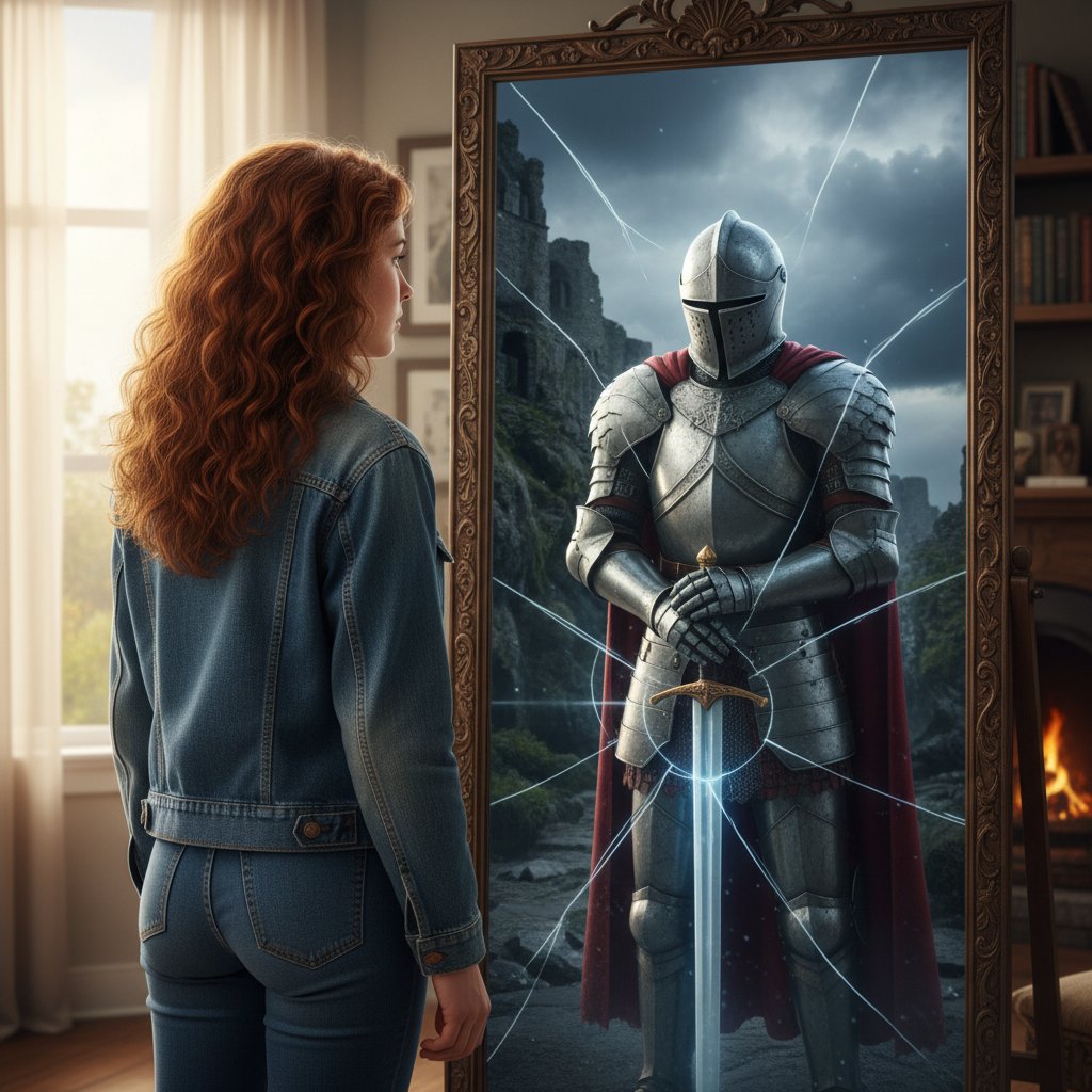 Ilustracyjna scena: osoba patrząca w lustro widzi inny obraz niż rzeczywistość – metafora złudzeń