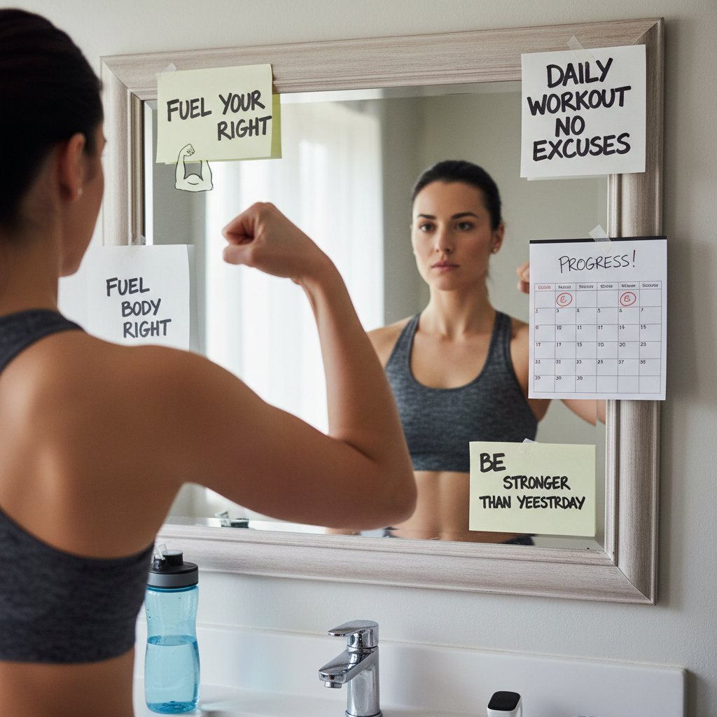 Osoba patrząca w lustro, obok notatki z hasłami zdrowotnymi – poczucie kontroli i determinacji.