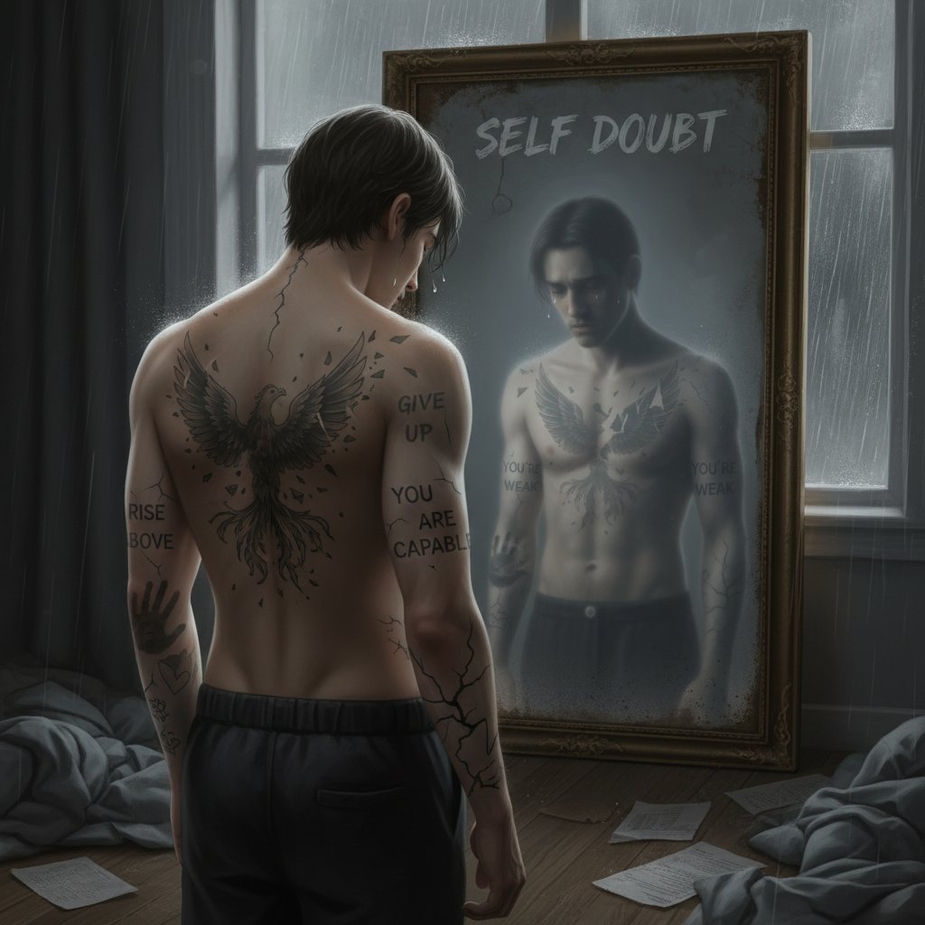 Osoba patrząca w lustro z niepewną miną, na ramieniu widoczne tatuaże z motywującymi słowami – symbol testowania własnej wartości