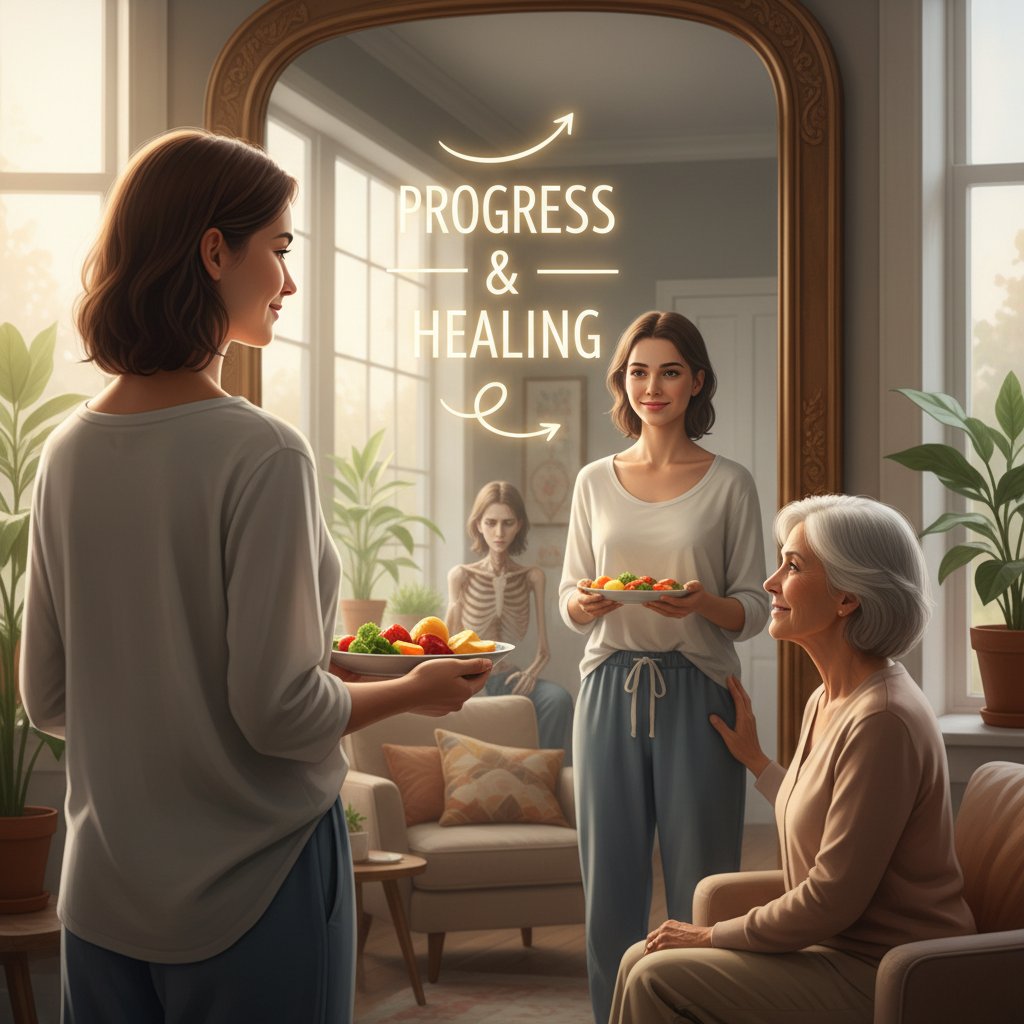 Osoba patrząca w lustro, zauważająca pierwsze pozytywne zmiany – postęp w psychoterapii zaburzeń odżywiania