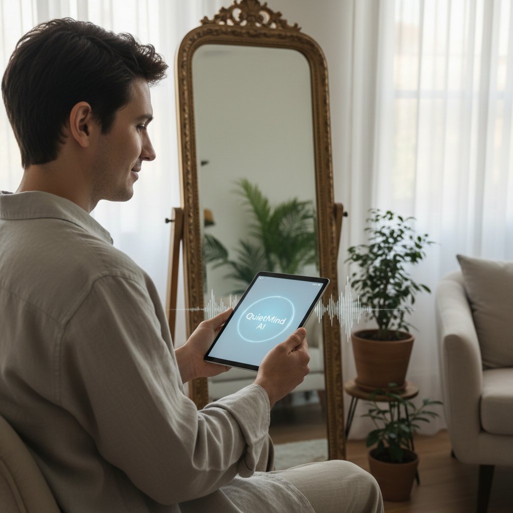 Osoba patrząca w lustro, za nią ekran telefonu z wyciszoną aplikacją AI, subtelny uśmiech, spokój