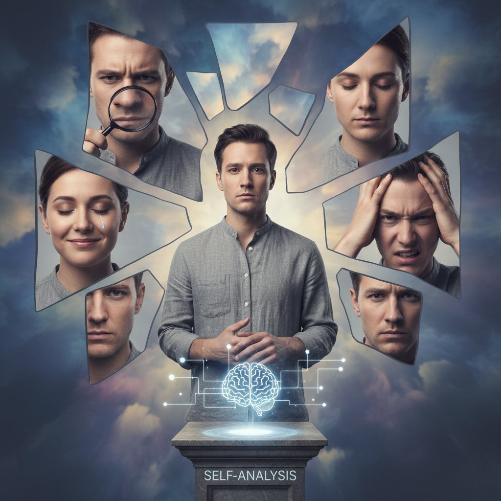 Osoba przed lustrem, analizuje własne zachowanie i emocje