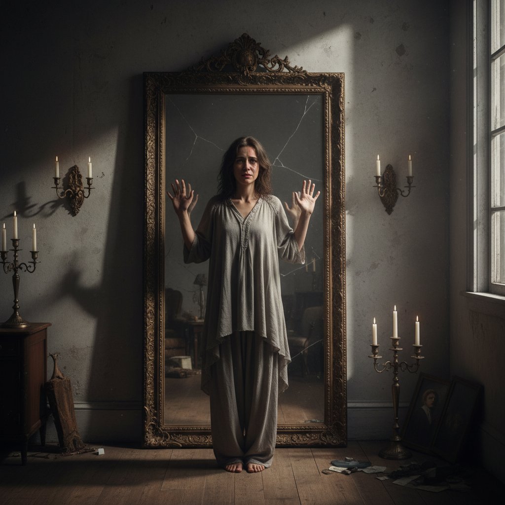 Osoba patrząca w lustro, zamyślona, otoczona cieniami i światłem, symbolizująca refleksję nad emocjami
