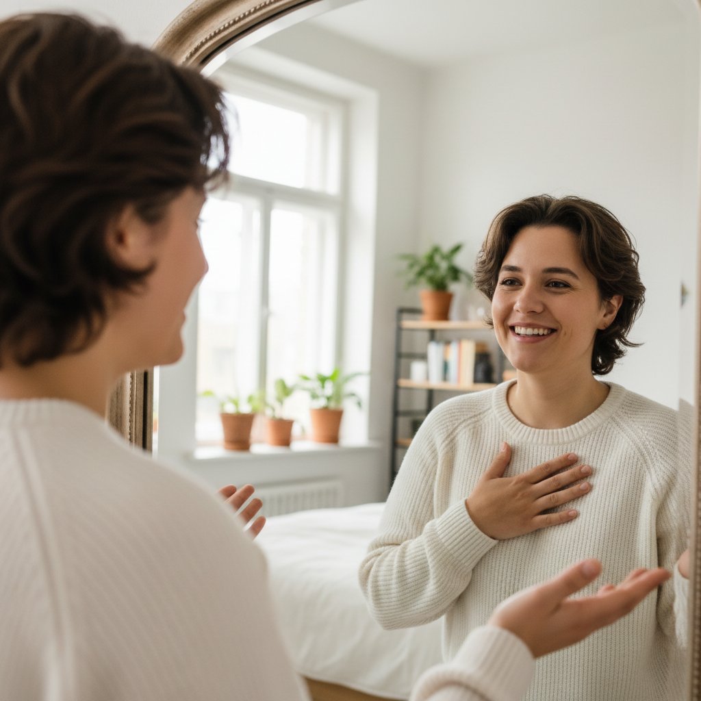 Zdjęcie osoby patrzącej w lustro z uśmiechem, poczucie akceptacji