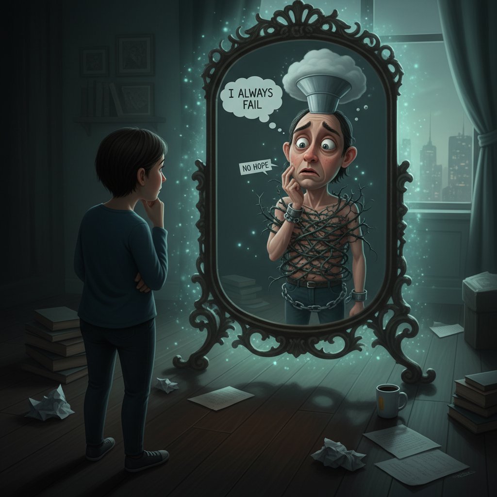 Osoba zamyślona patrząca w lustro, symbolizująca wewnętrzne pułapki myślenia