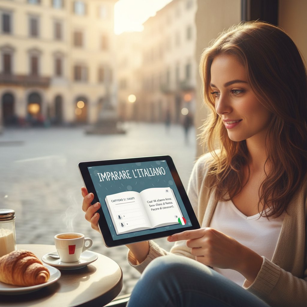 Osoba korzystająca z nowoczesnej aplikacji do nauki włoskiego, smartfon, cyfrowe ćwiczenia, dynamiczna scena