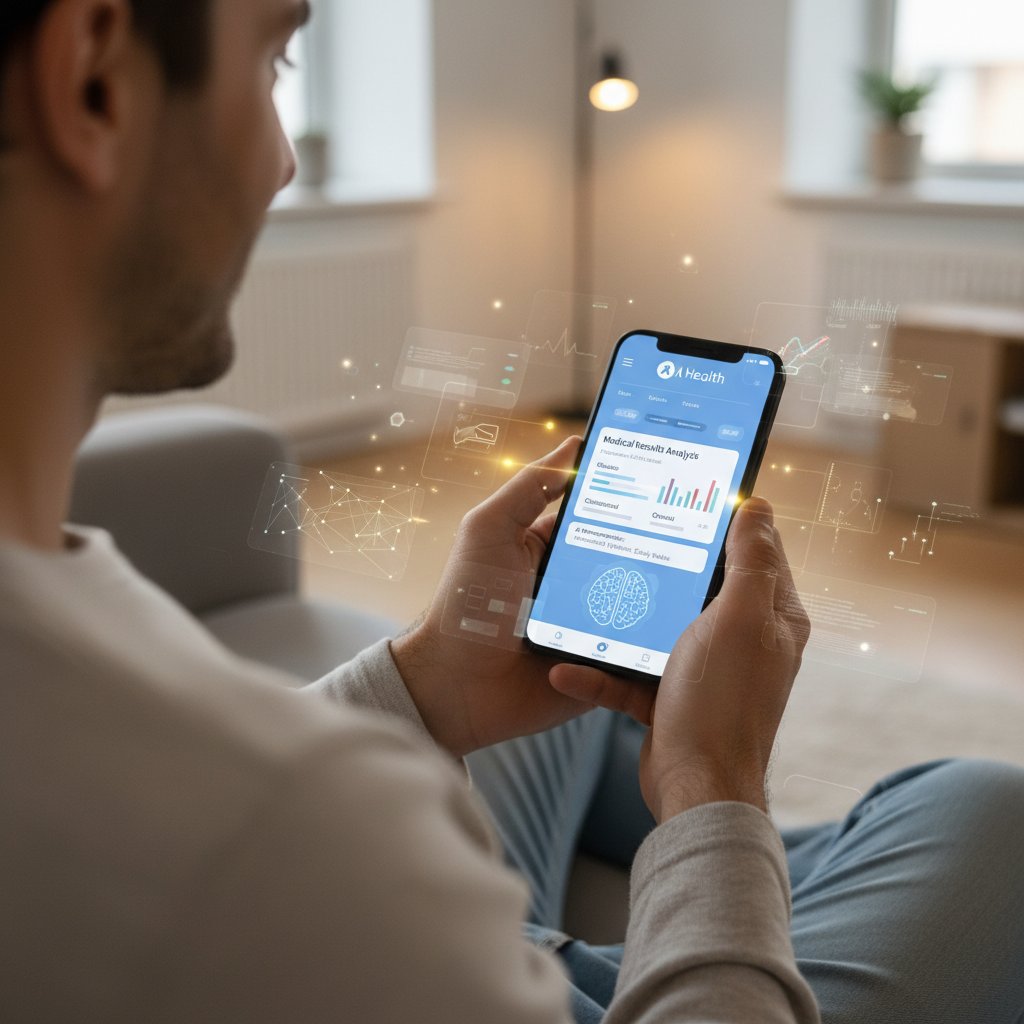 Osoba korzystająca z aplikacji mobilnej analizującej wyniki badań medycznych, w tle ekrany z wykresami i sztuczną inteligencją