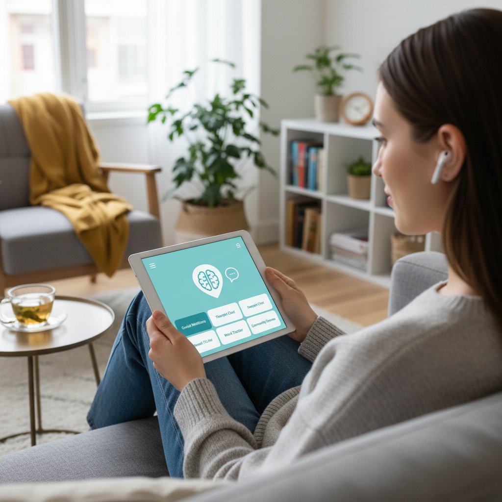 Młoda osoba z telefonem korzystająca z aplikacji wspierającej walkę z atakiem paniki