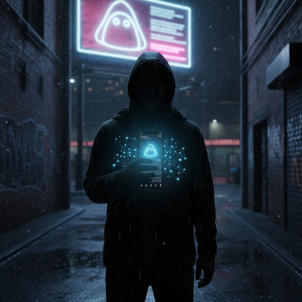 Osoba korzystająca z aplikacji mobilnej nocą, akcent na bezpieczeństwo i anonimowość