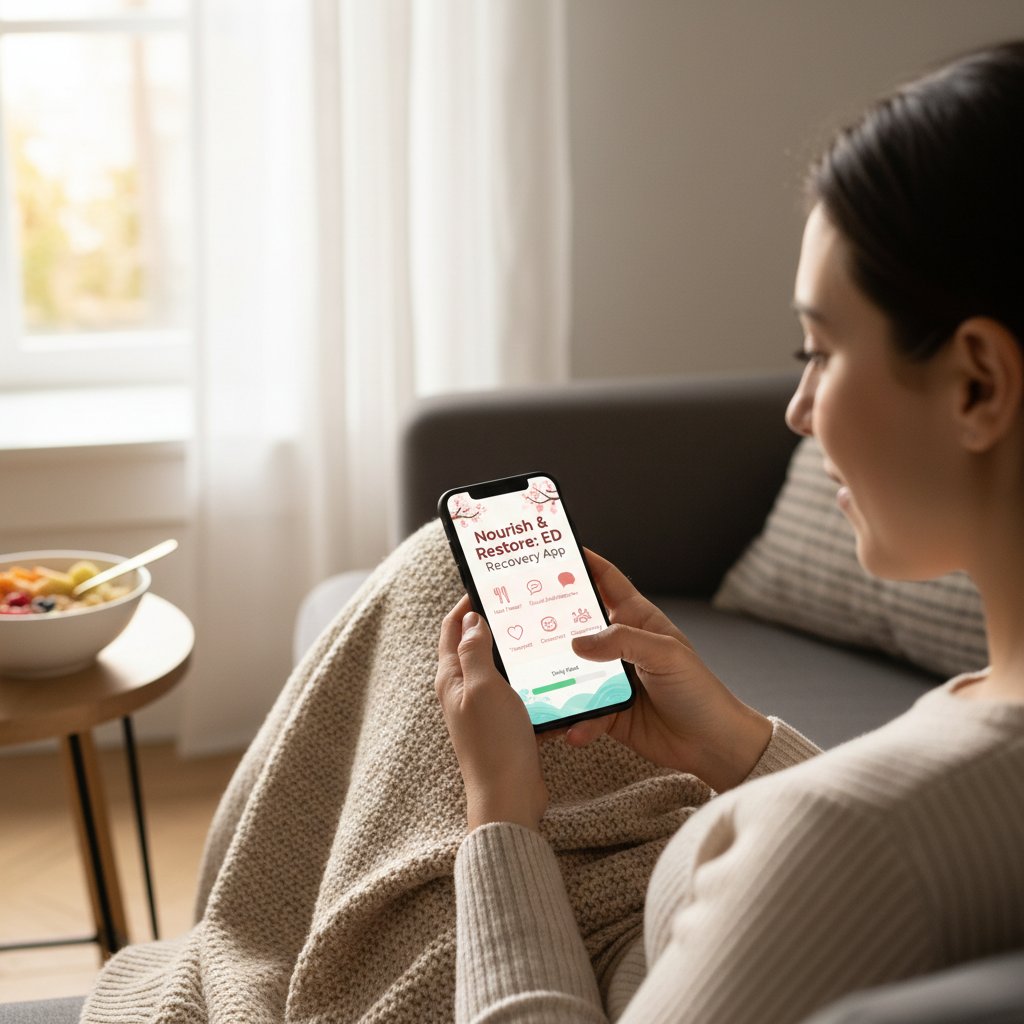 Osoba korzystająca z aplikacji mobilnej do wsparcia psychoterapii zaburzeń odżywiania