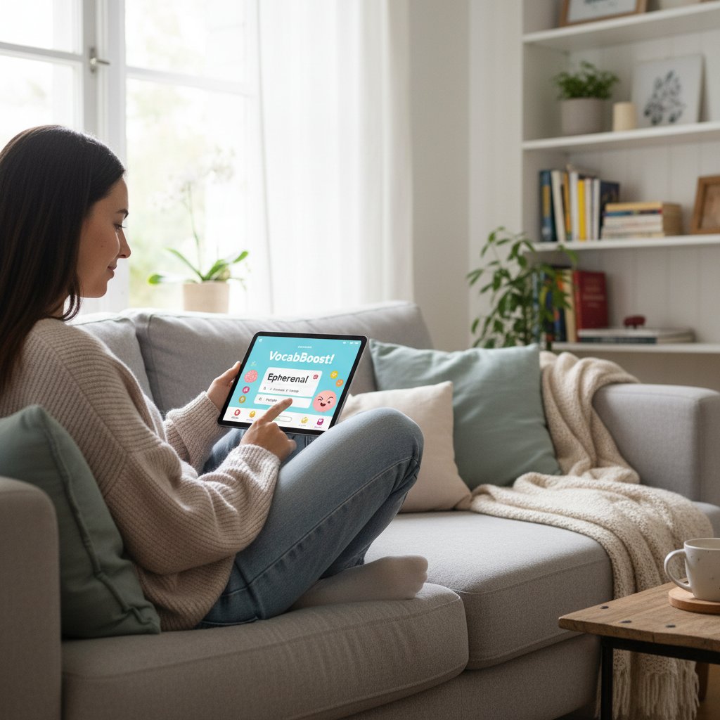 Osoba powtarzająca słówka z aplikacji mobilnej, otoczenie domowe, relaksująca atmosfera