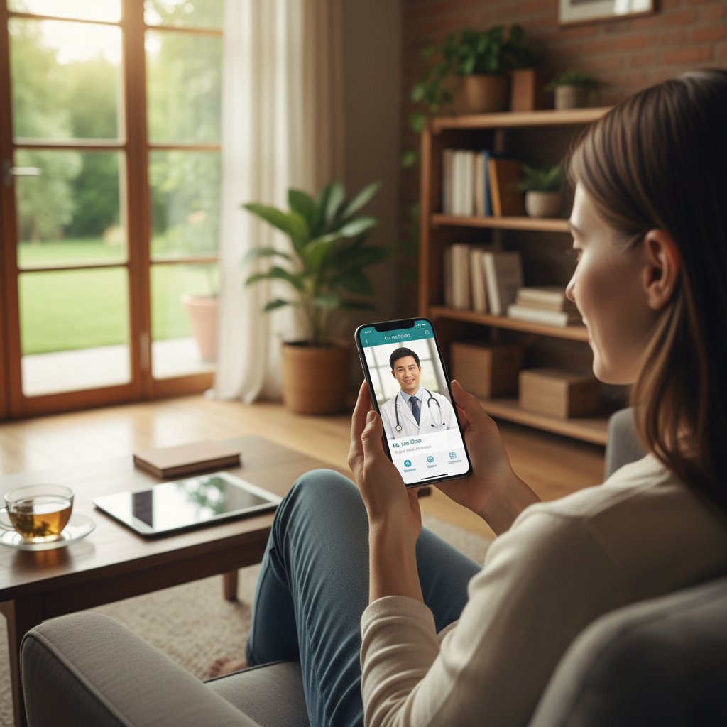 Osoba korzystająca z aplikacji medycznej na smartfonie w domowym zaciszu