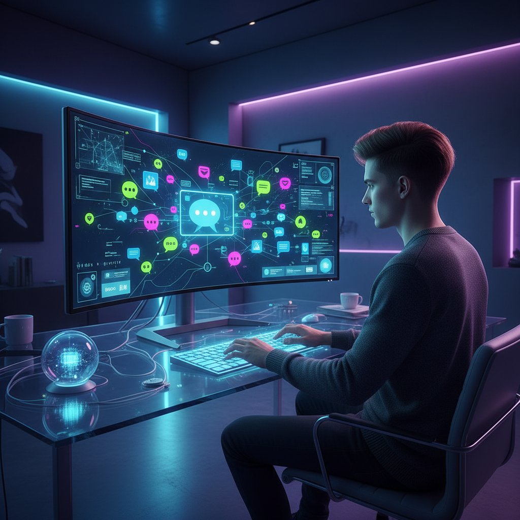 Zdjęcie osoby korzystającej z nowoczesnego komputera, otoczonej cyfrowymi ikonami czatu