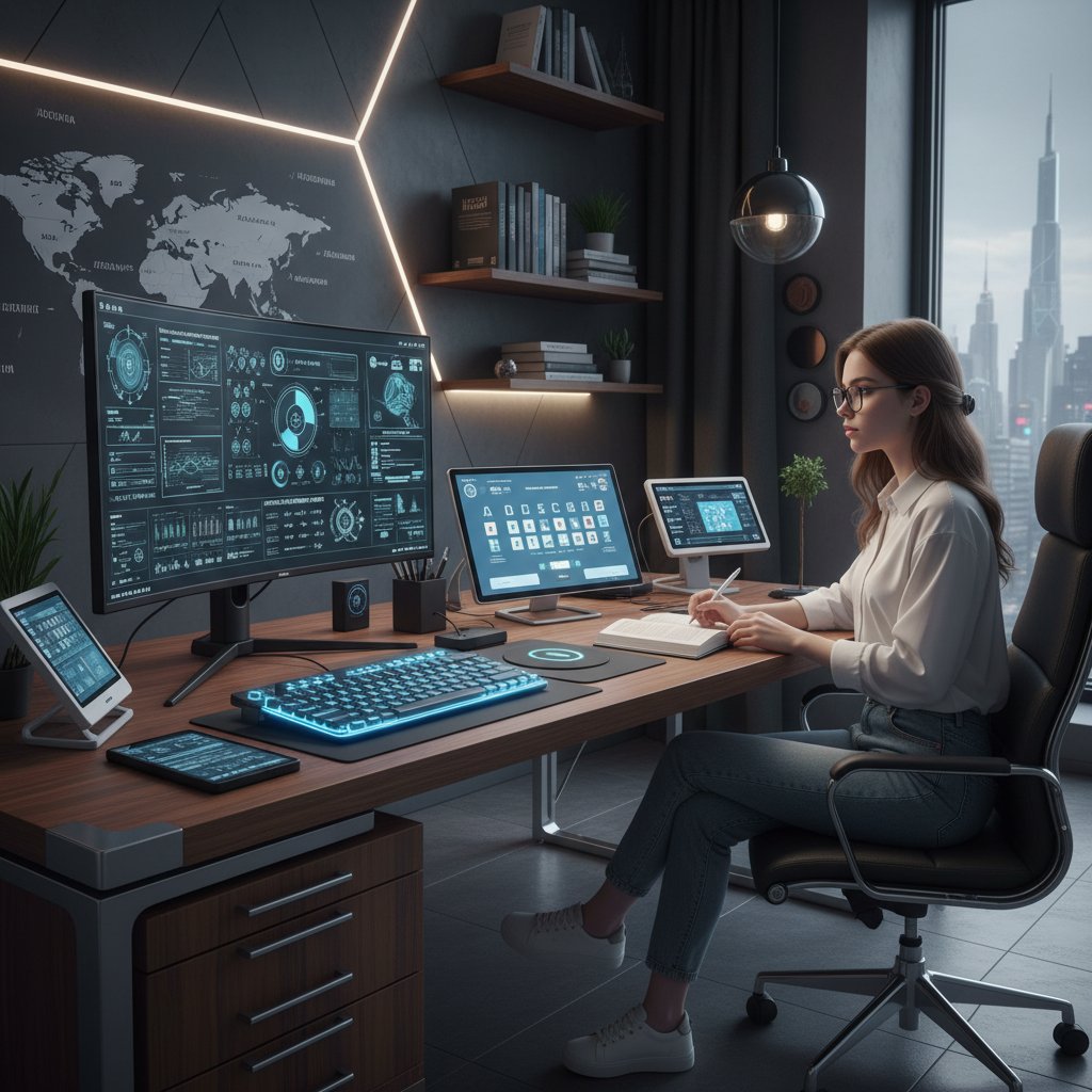 Nowoczesna nauka rosyjskiego pisania online, osoba korzystająca z kilku urządzeń i aplikacji, słowa kluczowe: nowoczesna edukacja, pisanie rosyjski