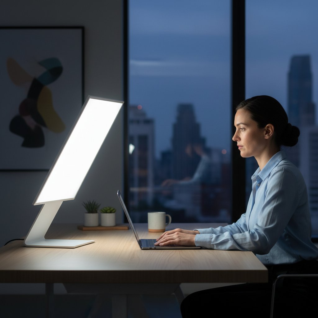 Osoba ustawia nowoczesną lampę antydepresyjną na biurku, widoczne intensywne białe światło
