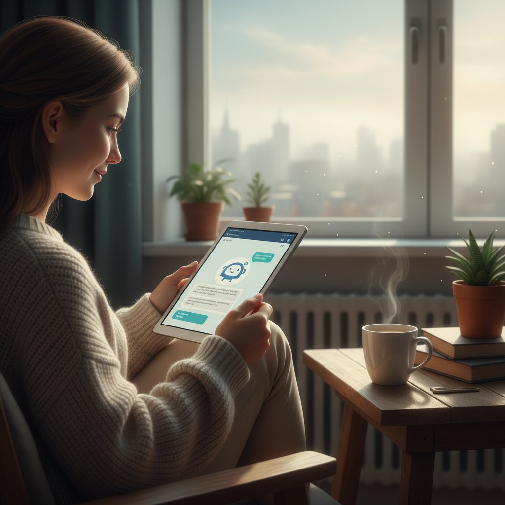 Osoba wykonująca codzienny rytuał porannej rozmowy z AI, kubek kawy, atmosfera spokoju i komfortu